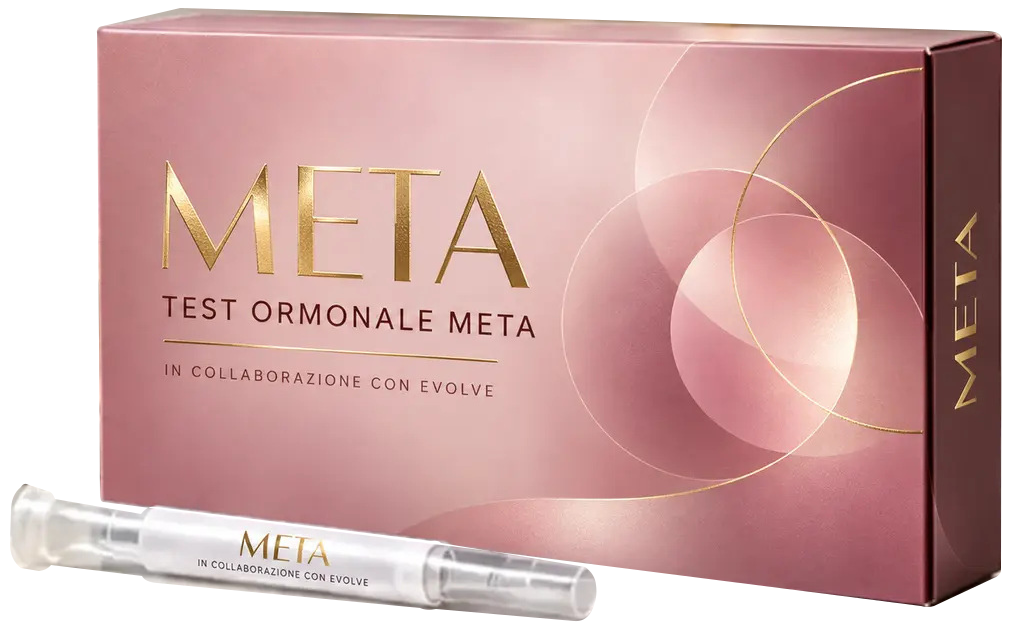 Confezione originale del test ormonale META, in collaborazione con Evolve.
