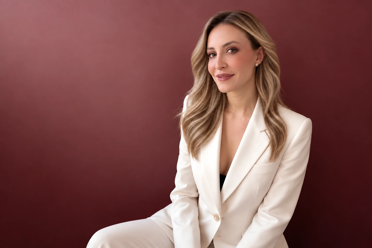 Dott.ssa Monica Germani in abito bianco su sfondo bordeaux.