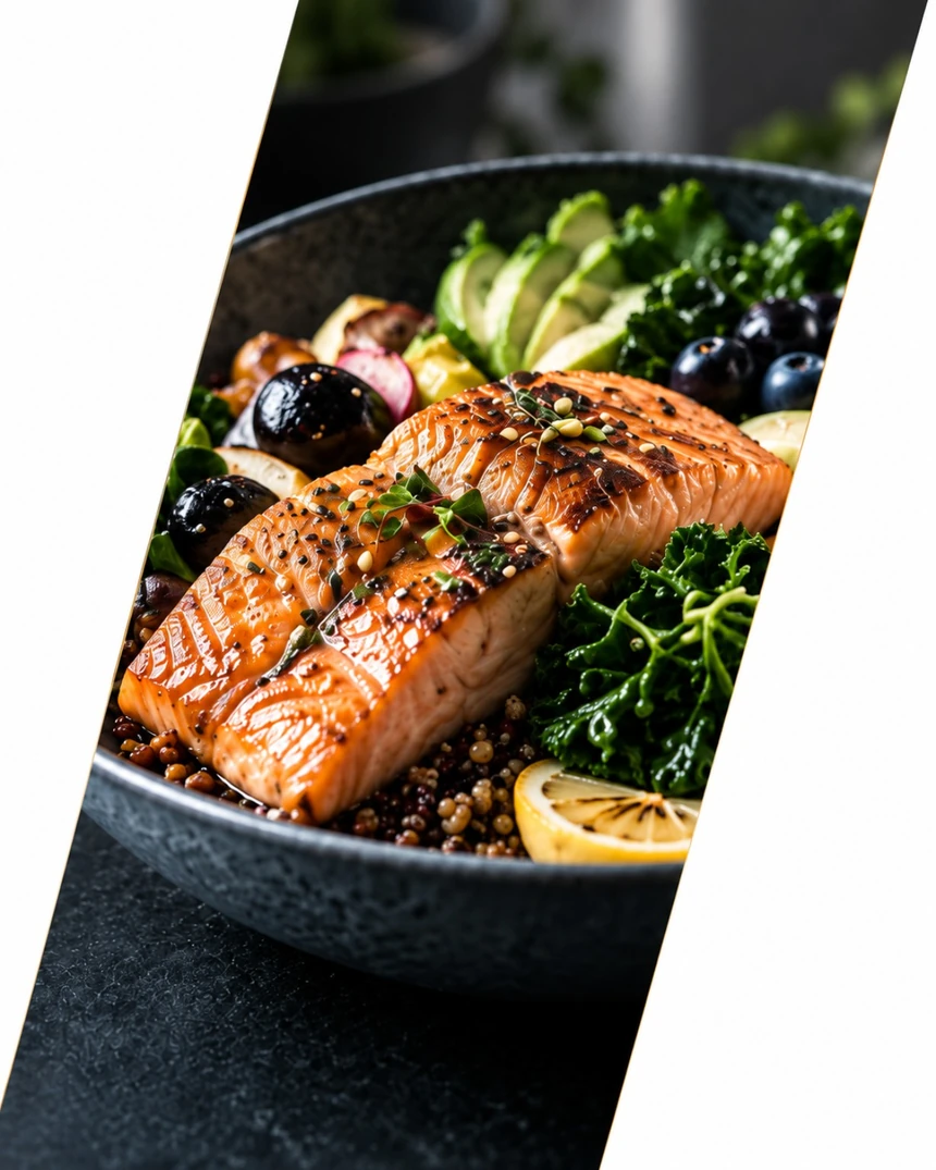 Piatto con salmone, avocado e verdure
