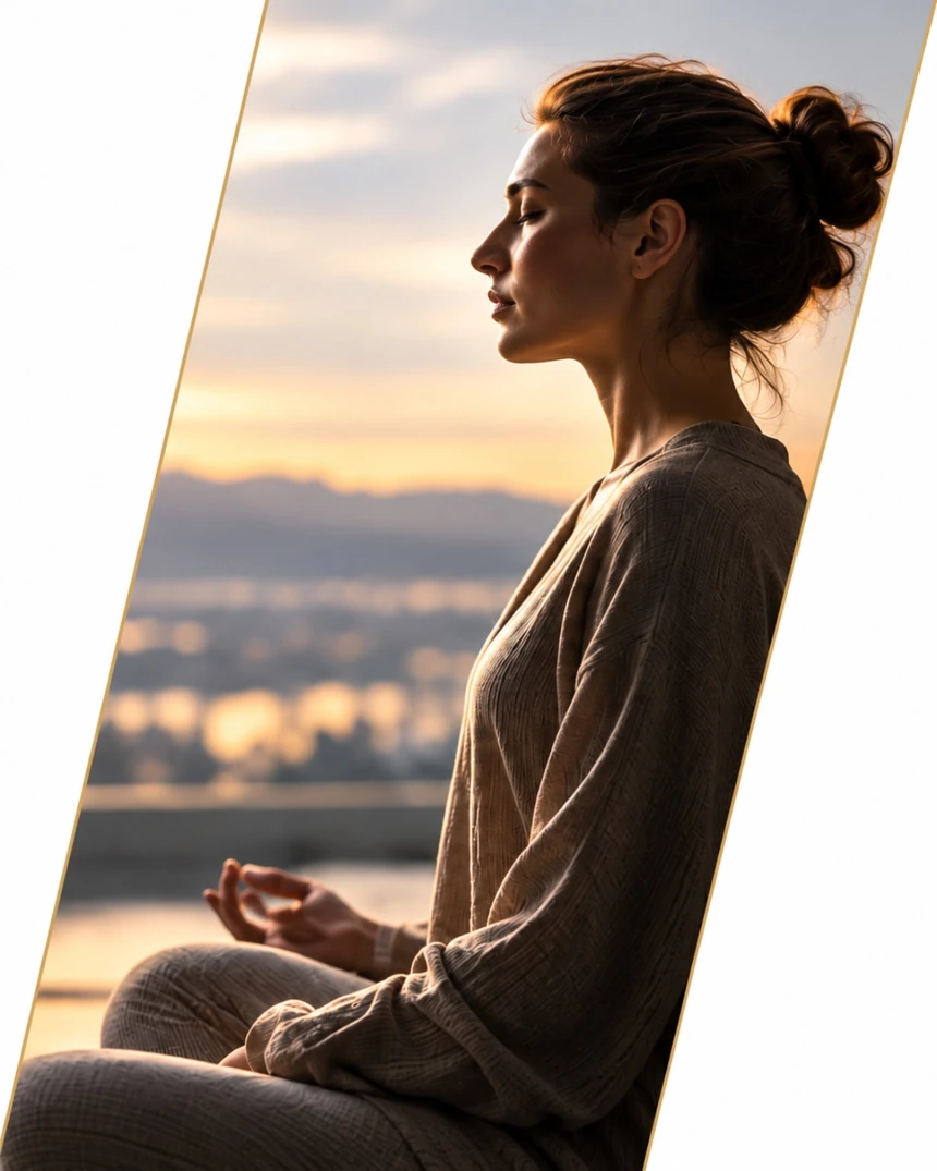 Donna in un momento di meditazione al tramonto